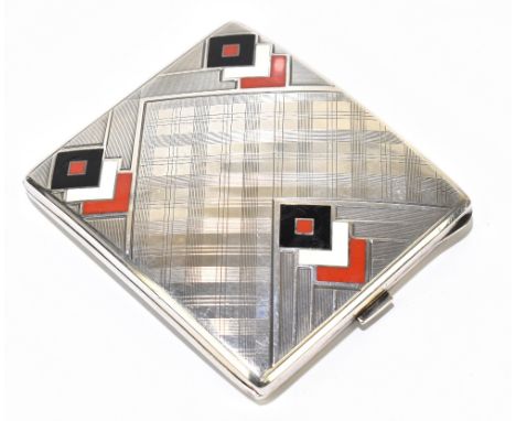 A sterling silver Art Deco cigarette case with enamelled and engine turned geometric decoration, length 9cm, approx 4.53ozt/1