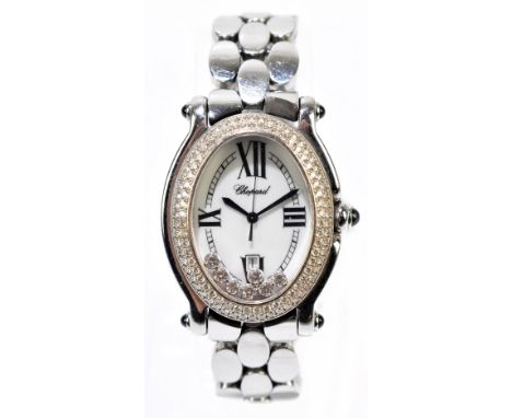 CHOPARD; a lady's stainless steel and diamond set 'Happy Sport' wristwatch, the oval bezel set with 120 small round cut diamo