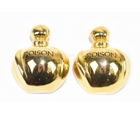 CHRISTIAN DIOR; two vintage 1980s gold tone miniature Poison perfume bottle brooches, both signed to the back, length 4.5cm (