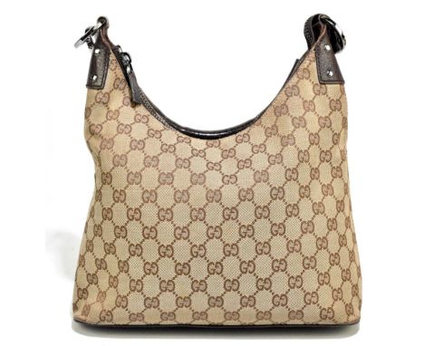 GUCCI; a Monogram cloth G Zipper Hobo Tote vintage handbag with single leather handle, silver tone hardware, zip top, leather