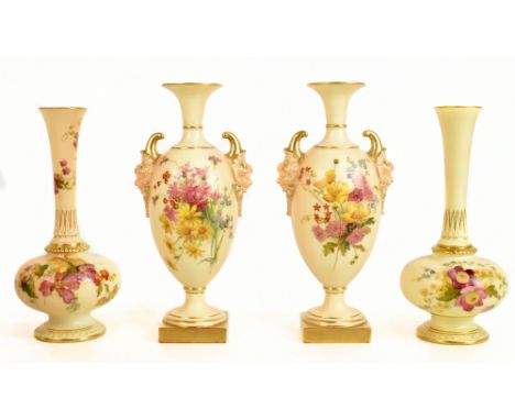 ROYAL WORCESTER; two pairs of blush ivory vases including a pair of pedestal example with moulded handles, height 21cm, (4).A