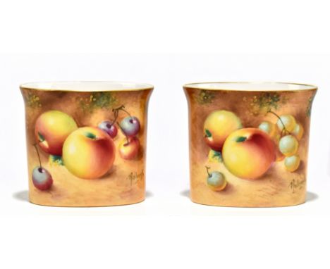 FRANK ROBERTS FOR ROYAL WORCESTER; a pair of oval spill vases painted with fruit, black marks to the underside, height 6.2cm,