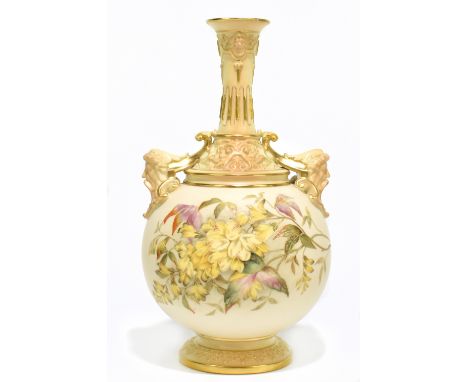ROYAL WORCESTER; a pedestal vase of bulbous form with flared neck and moulded mask head handles, with floral decoration to th