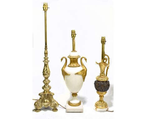 An early 20th century ormolu mounted marble table lamp with mounted handles in the form of swans, overall height 55cm, togeth