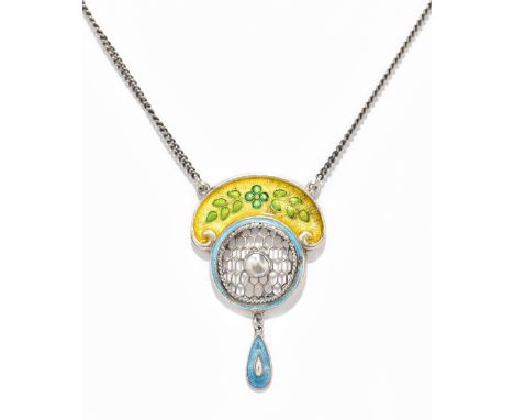 CHARLES HORNER; a George V hallmarked silver yellow/blue/green enamel decorated necklace, the pierced Art Nouveau main panel 
