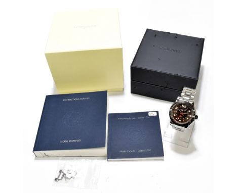 LONGINES; a gentleman's stainless steel Admiral wristwatch with black bezel, two tone dial and date aperture, the case base n