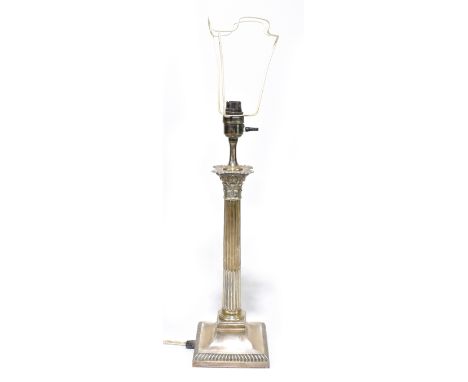 ELKINGTON &amp; CO LTD; a George V hallmarked silver Corinthian column form table lamp on loaded square section base, Sheffie