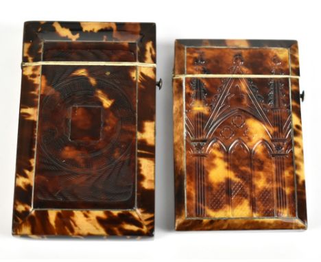 Two Victorian tortoiseshell card cases of rectangular form including an example with moulded architectural decoration, 8.5 x 