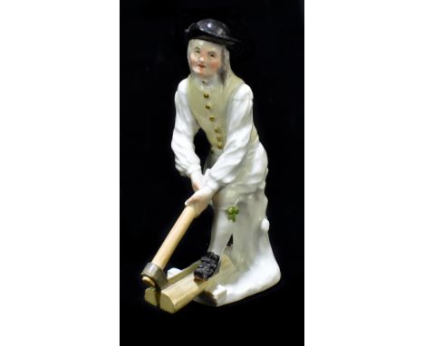 MEISSEN; an 18th century figure of a woodcutter, faint mark to base, height 14cm.Additional InformationHis axe and log are co