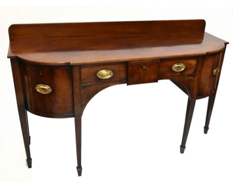 A George III mahogany bowfront sideboard with raised back above a central drawer and two cupboard doors on square legs, heigh