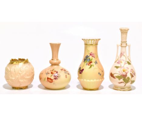 ROYAL WORCESTER; four small blush ivory vases including a twin handled example with floral decoration, height 16cm, (4).Addit