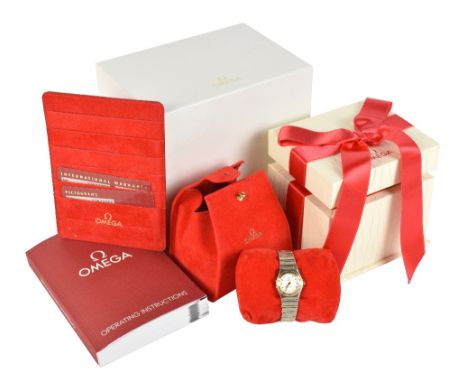 OMEGA CONSTELLATION; a lady's two colour stainless steel wristwatch, the circular dial with batons, numbered to the back of t