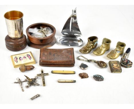 A group of collectors' items including a leather wallet, travelling cup, cross pendants, pin cushion, pocket knives, etc.