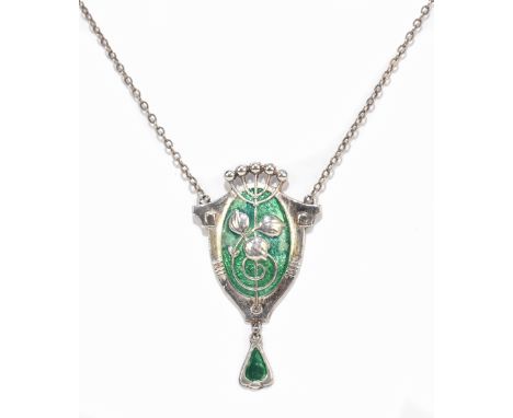 CHARLES HORNER; a George V hallmarked silver and green enamel Art Nouveau stylised floral decorated necklace, probably Cheste