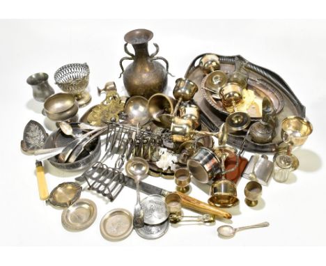 A collection of 19th century and later silver plate and brass items including an oval galleried tray, three soup ladles, an I