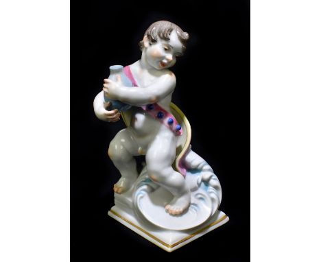 MEISSEN; a 20th century figure of a putto holding a vase, painted marks to base, also incised R258 and impressed 120, height 