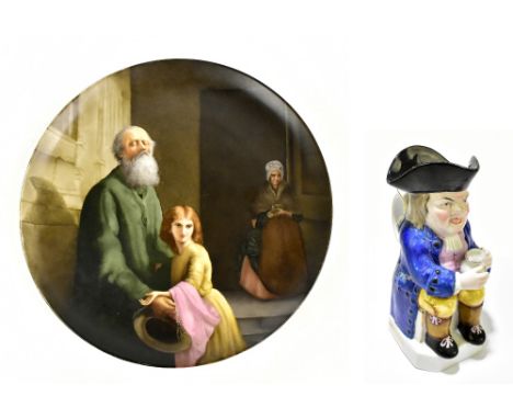A 19th century ceramic wall charger depicting a girl clutching a priest beside an elderly lady in interior scene, signed H.F 