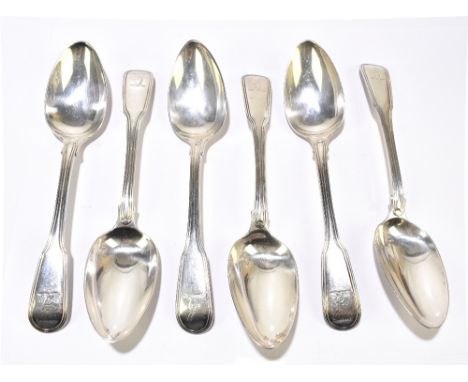 WILLIAM ELEY &amp; WILLIAM FEARN; a set of six George III hallmarked silver Fiddle and Thread pattern dessert spoons, London 