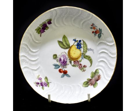 MEISSEN; a 19th century floral decorated saucer dish with moulded detail to the border, painted marks to the reverse and impr