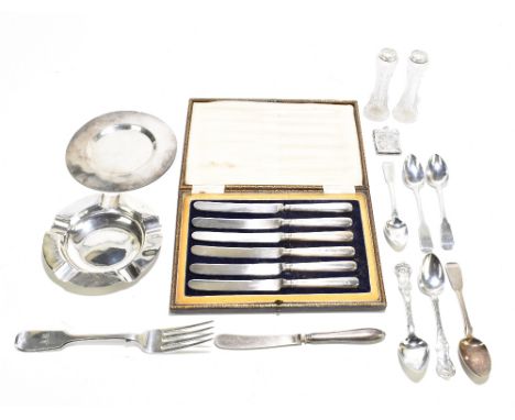 JOHN HERON; three hallmarked silver teaspoons, Glasgow 1827-1833 and a Victorian hallmarked silver fork, further cutlery, hal