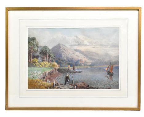 LATE 19TH CENTURY IRISH SCHOOL; watercolour, mountainous lake landscape with figure in foreground, unsigned, indistinctly ins