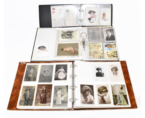 A collection in three albums of postcards, all depicting people wearing hat pins, including comedy examples by Nora Annie Bir