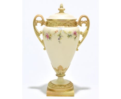 ROYAL CHINA WORKS GRANGERS &amp; CO WORCESTER; a twin handled pedestal lidded vase with floral decoration, height 21cm.Additi