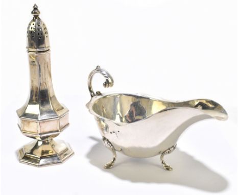 WILLIAM AITKEN; a George VI hallmarked silver sauceboat, with cast scalloped edge, Birmingham 1938, together with a hallmarke