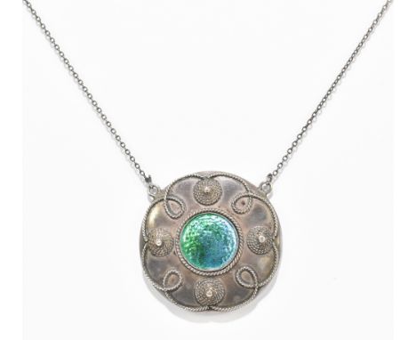 CHARLES HORNER; a George V hallmarked silver and blue/green enamel decorated necklace, the textured triangular section main p