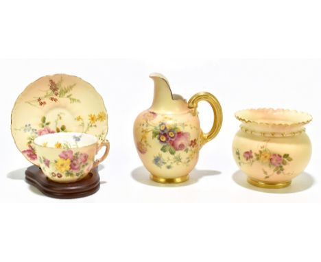 ROYAL WORCESTER; a bulbous form vase with wavy rim, height 8.5cm, together with a similar blush ivory flat back jug and tea c