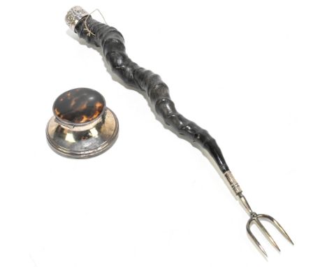 An Edwardian hallmarked silver mounted antler toasting fork, the embossed mount marks for Chester 1901, the hallmarked silver