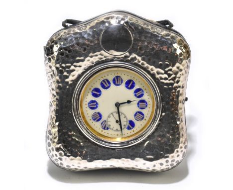 A hallmarked silver mounted pocket watch case/stand, with hammered finish, Birmingham 1905, enclosing chrome Goliath pocket w