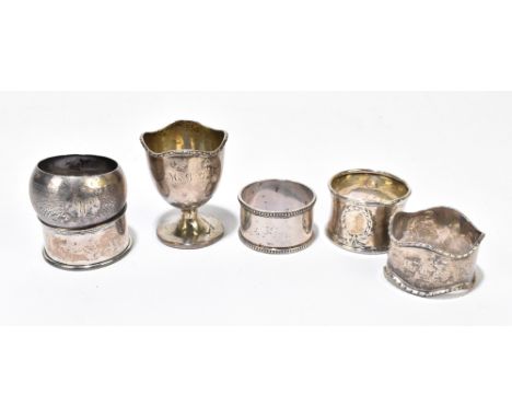 Five assorted hallmarked silver napkin rings, also a Mappin &amp; Webb silver egg cup, 4.5ozt/145g (6).Additional Information