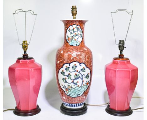 A pair of modern octagonal pink ground lamps on turned wooden bases, height 40cm, also a modern Chinese Famille Verte table l