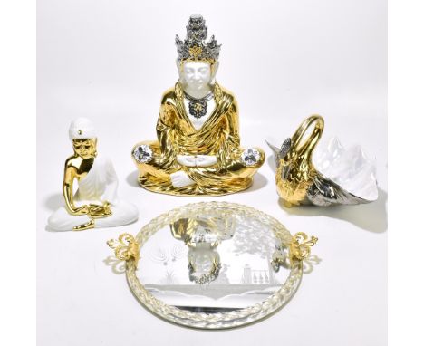 A modern Italian gilt ceramic buddha, height 47cm, with a smaller buddha, a swan centrepiece and an oval glass and mirror ser