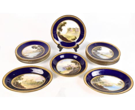 C. JOHNSON FOR ROYAL WORCESTER; a fourteen piece dessert service, each with hand painted centres depicting various scenes inc