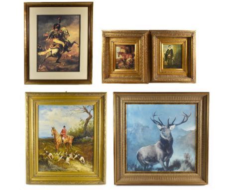 A contemporary oil on canvas, a hunting scene, indistinctly signed, possibly Riotz lower right, 60 x 50cm, together with four