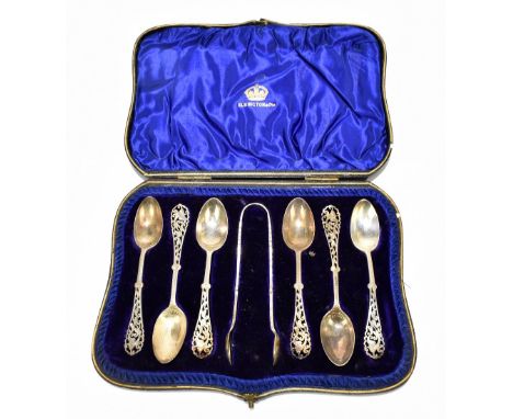 A set of six George V hallmarked silver pierced teaspoons and matching sugar tongs, Elkington &amp; Co, Sheffield 1927, appro