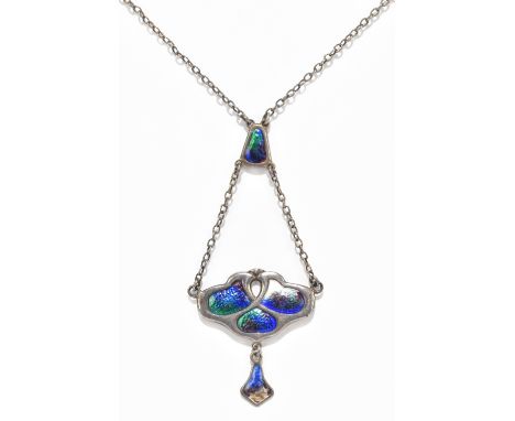 CHARLES HORNER; an Edwardian hallmarked silver and blue/green/purple enamel decorated necklace, Chester 1909, length of lower