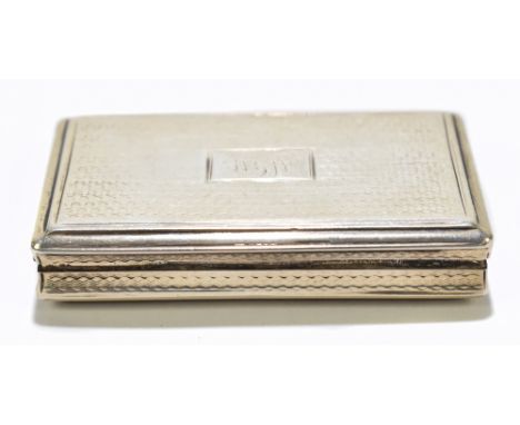 NATHANIEL MILLS; a Victorian hallmarked silver snuff box of rectangular form, with engine turned decoration surrounding a rec