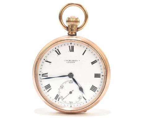 J.W BENSON OF LONDON; a 9ct yellow gold open face pocket watch with white enamel dial set with subsidiary seconds hands and R