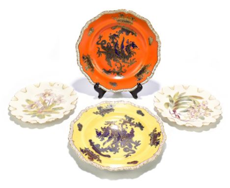 ROYAL WORCESTER; a pair of hand painted blush ivory plates, Cypripedium Rheum and Aeridies Quinqevlera, puce marks to the rev