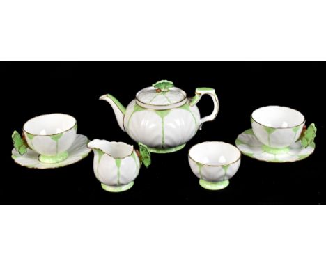 AYNSLEY; a 'Green Butterfly' pattern tea for two set part set, comprising teapot and cover, milk jug, sugar bowl and two teac