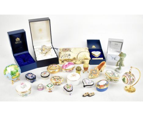 HALCYON DAYS; seven assorted enamel pill boxes including The Globe on stand, a Christmas Bauble, a heart shaped example, also