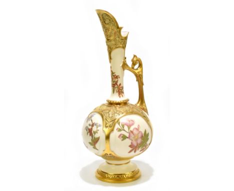 ROYAL WORCESTER; a large blush ivory ewer with moulded scrolling detail and a mythical beast headed handle, with four panels 