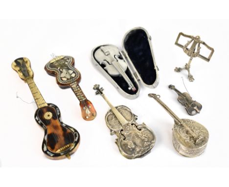 ADIE & LOVEKIN LTD; a Victorian hallmarked silver novelty miniature violin, Birmingham 1890, length 4.5cm, an Italian 800 gra