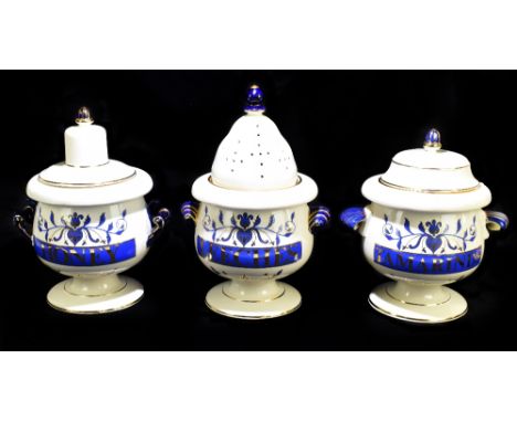 A set of three reproduction ceramic lidded pharmaceutical jars including leeches, height 41cm (3).Additional InformationCrazi