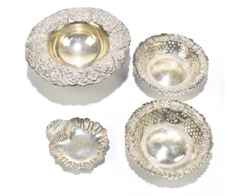 A Victorian hallmarked silver shell shaped butter dish, Birmingham 1894, a pair of Victorian hallmarked silver pierced bonbon