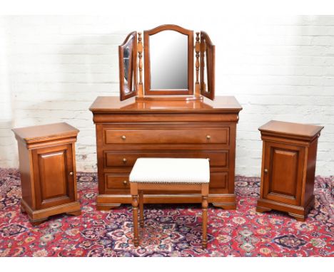 GRANGE FURNITURE; a suite of modern cherry wood bedroom furniture comprising four drawer chest with triple back dressing tabl