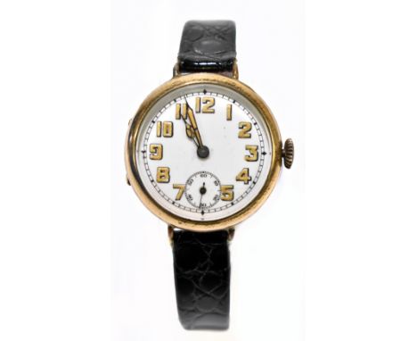 A 1940s gold plated wristwatch with white enamel dial set with Arabic numerals and subsidiary seconds hand, diameter 32mm.Add